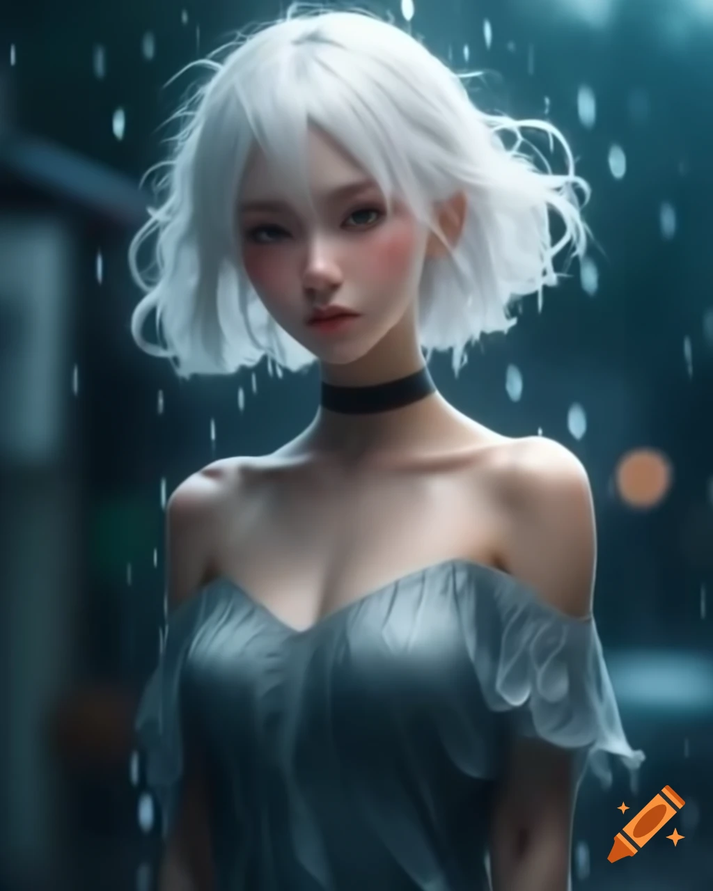 Anime Character With White Hair In Black Dress On A Rainy Day 