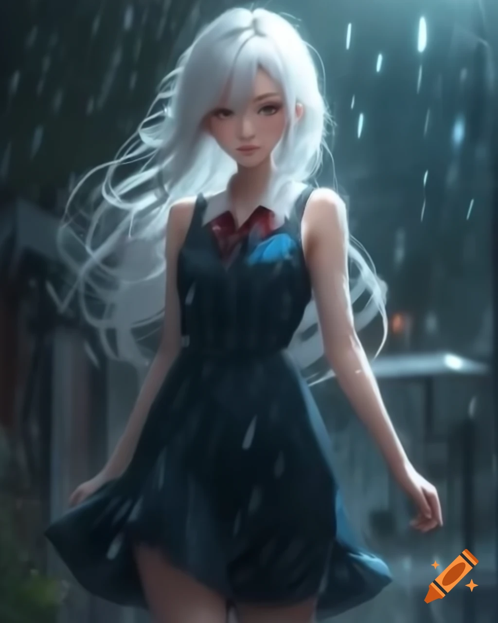 Anime woman with white hair and dress in the rain