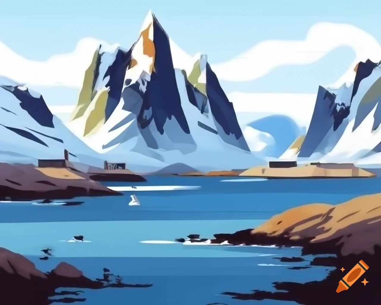 Rugged fjord with snow-capped mountains and reflecting icy waters