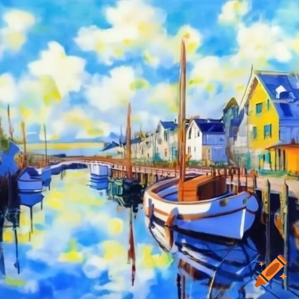 Impressionist seascape with boats, reflections, and trees in Monet style