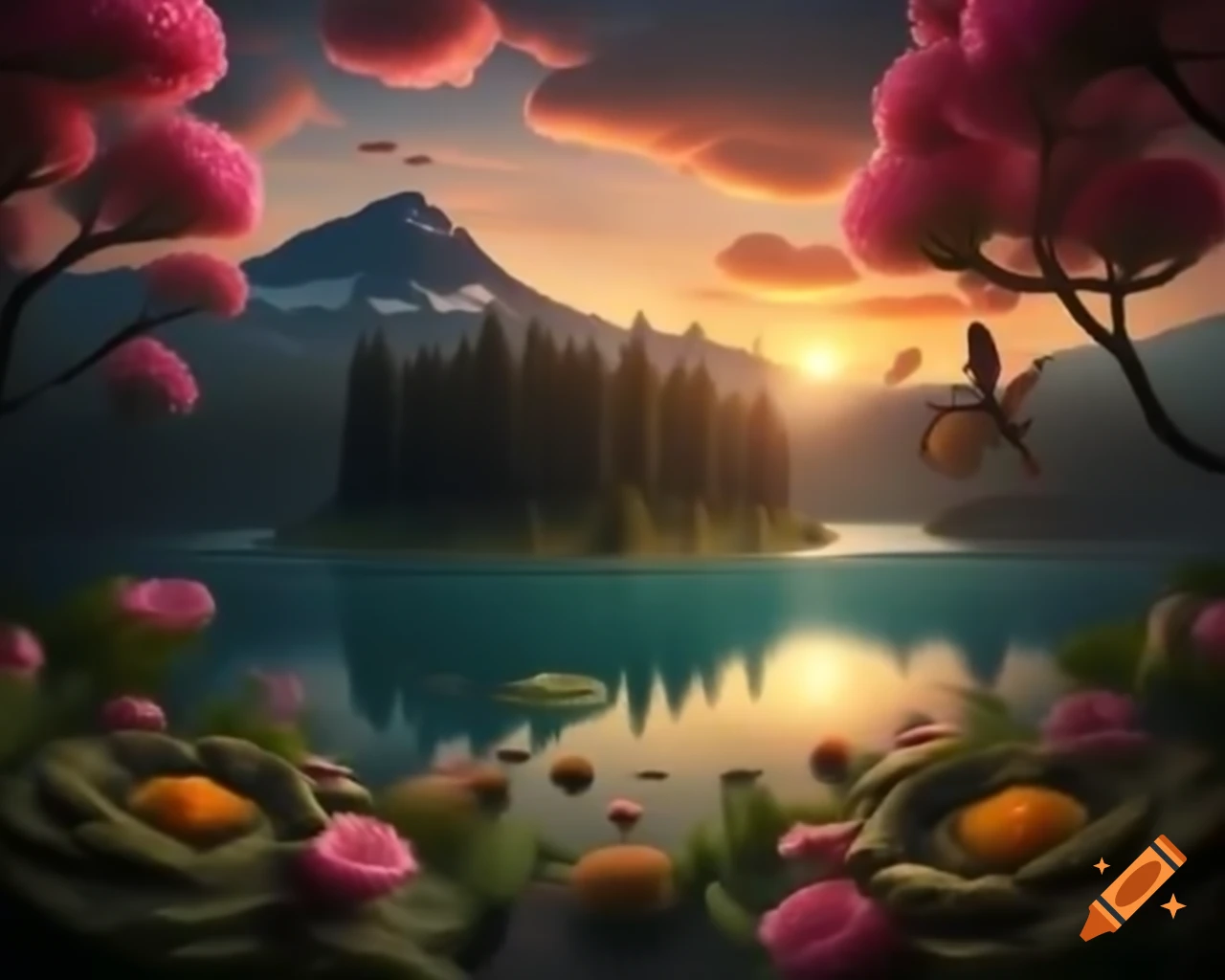 Mountain lake with forest and surreal woman's face made of colorful flowers