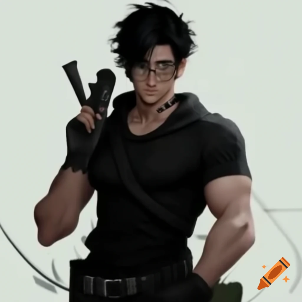 Young Greek man with black and white hair, emerald eyes, and glasses, dressed in black