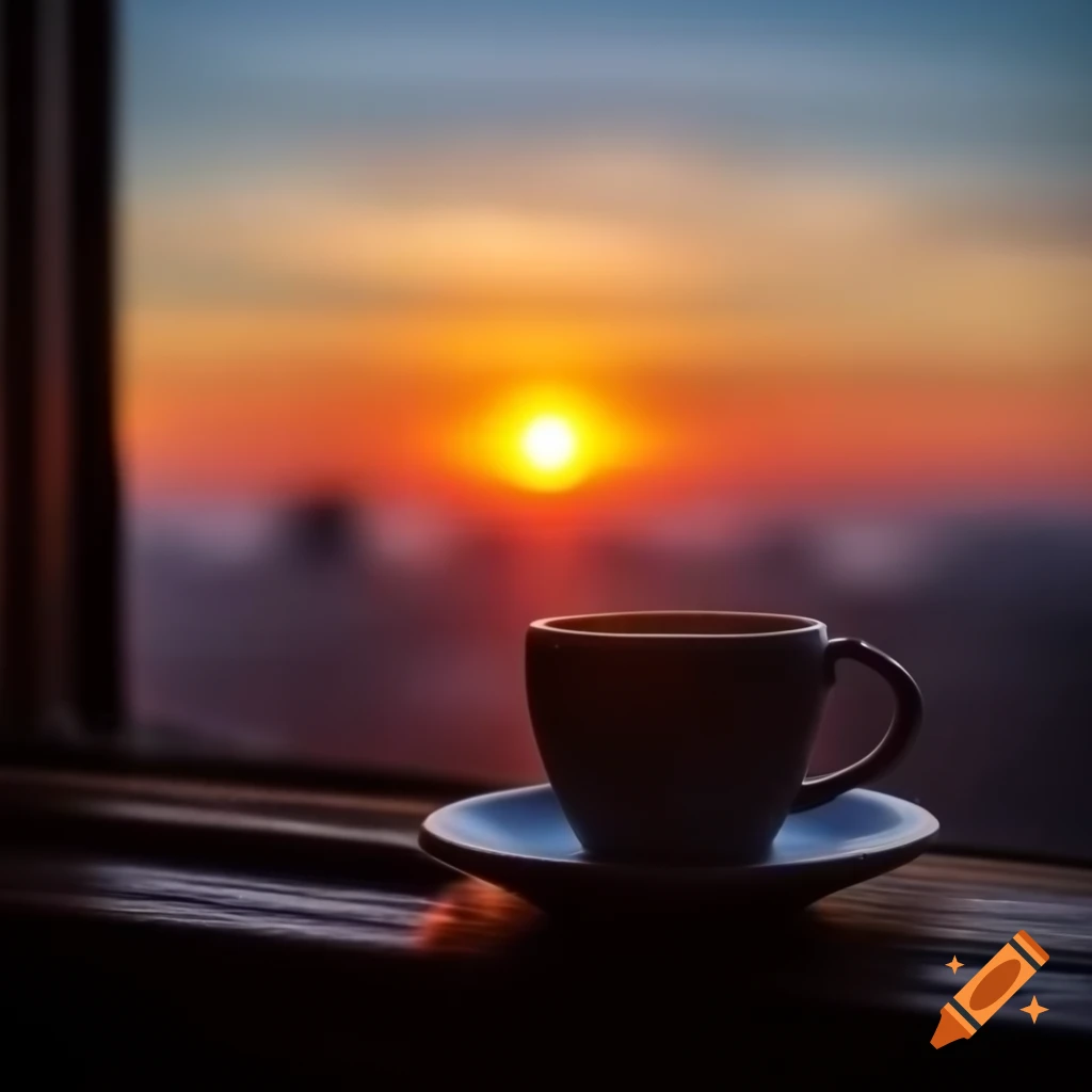 Cup of coffee at sunrise captured in hyperrealist style