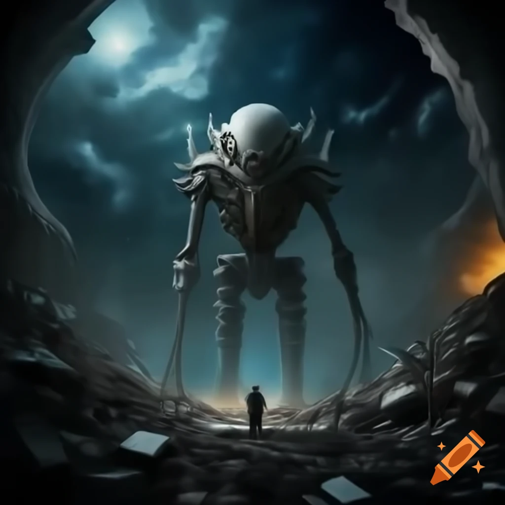 Surreal cosmic dream war aftermath with ruins and aliens