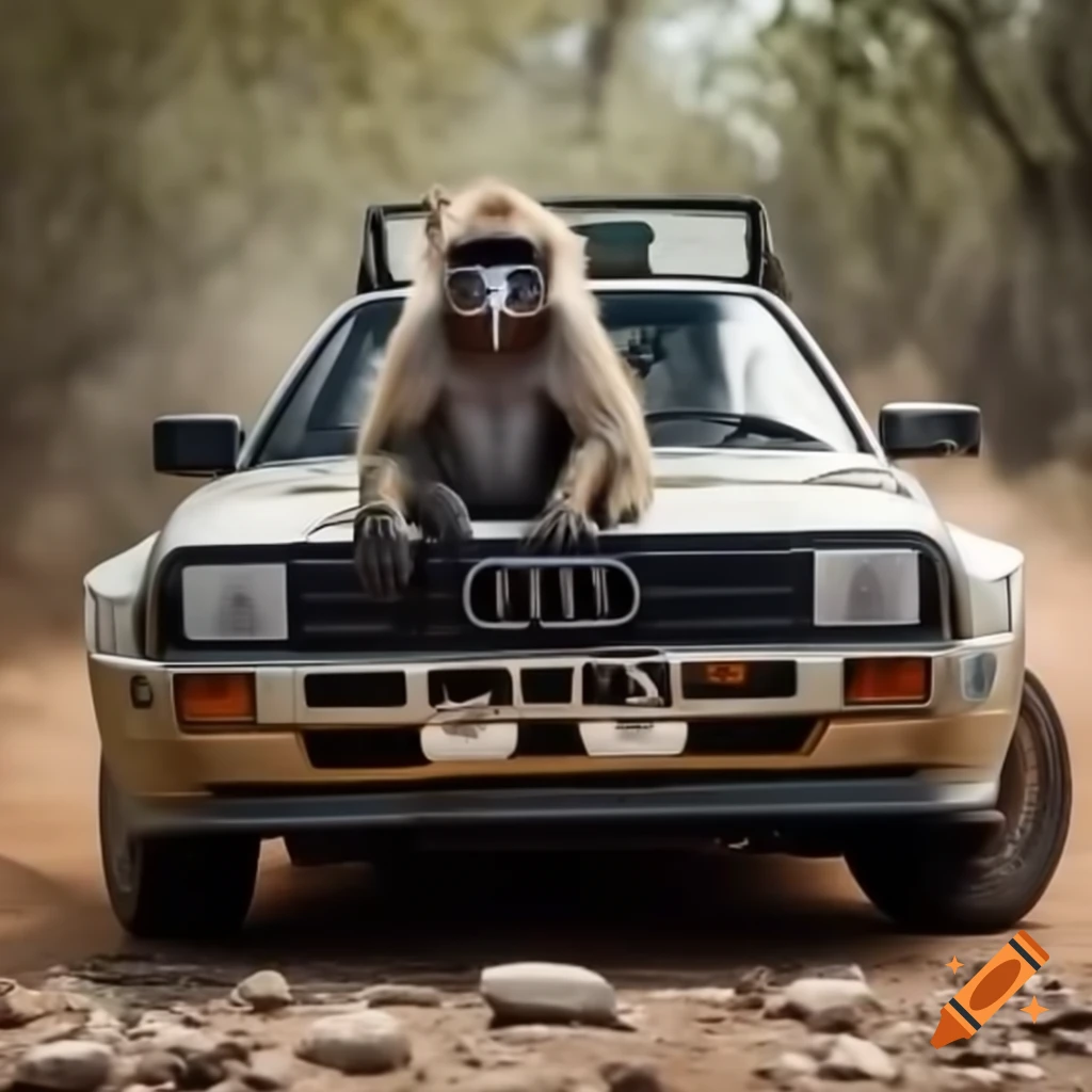 Baboon interacting with Audi 4000 Quattro car