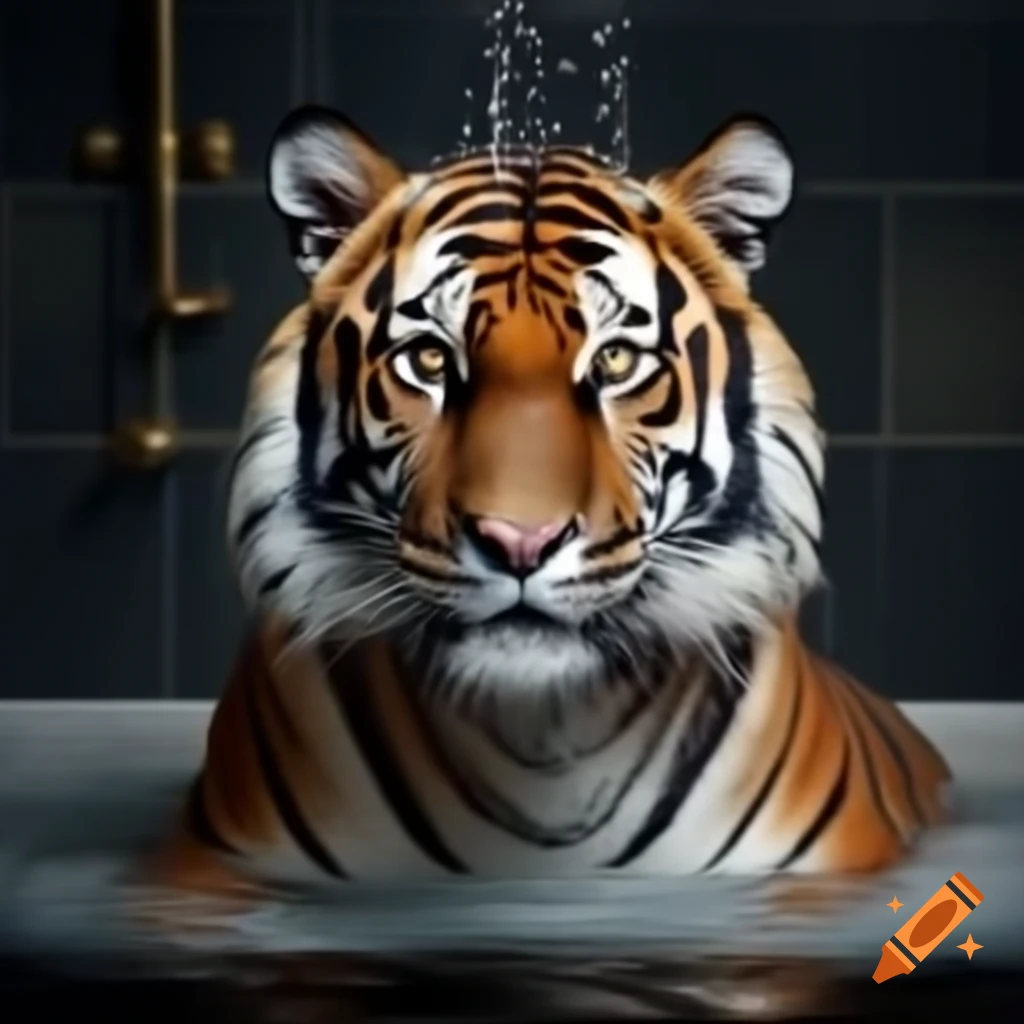 Tiger taking a bath with shower on its head