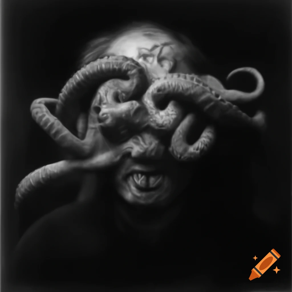 Eerie ink drawing of man with tentacle head at night, detailed style