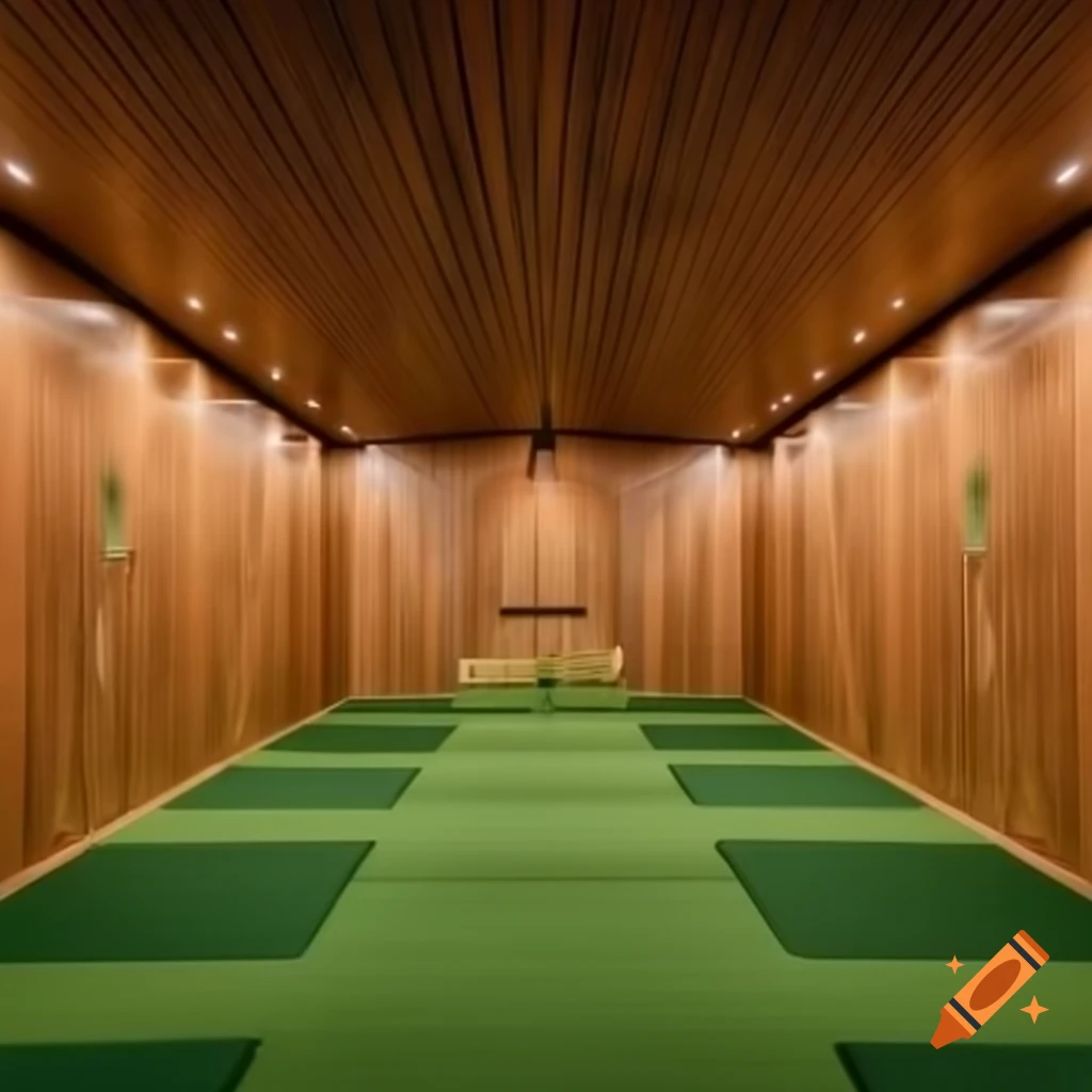 Spacious yoga studio with wood panel walls and artificial grass