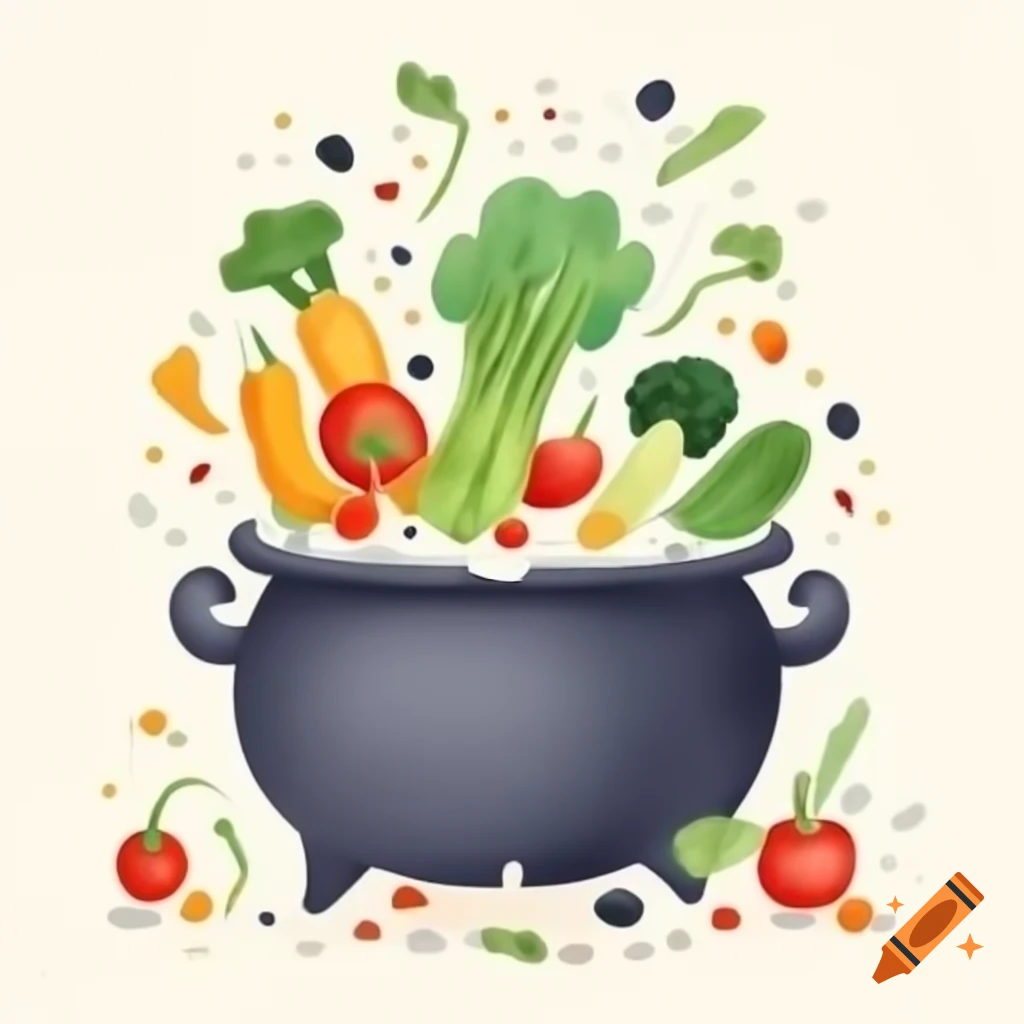 Humoristic drawing of vegetables relaxing in jacuzzi cauldron