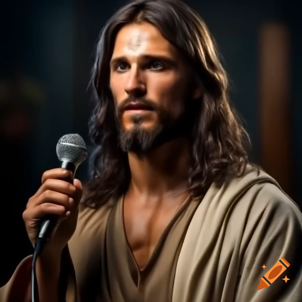 Mystical representation of jesus laughing while holding a decorative