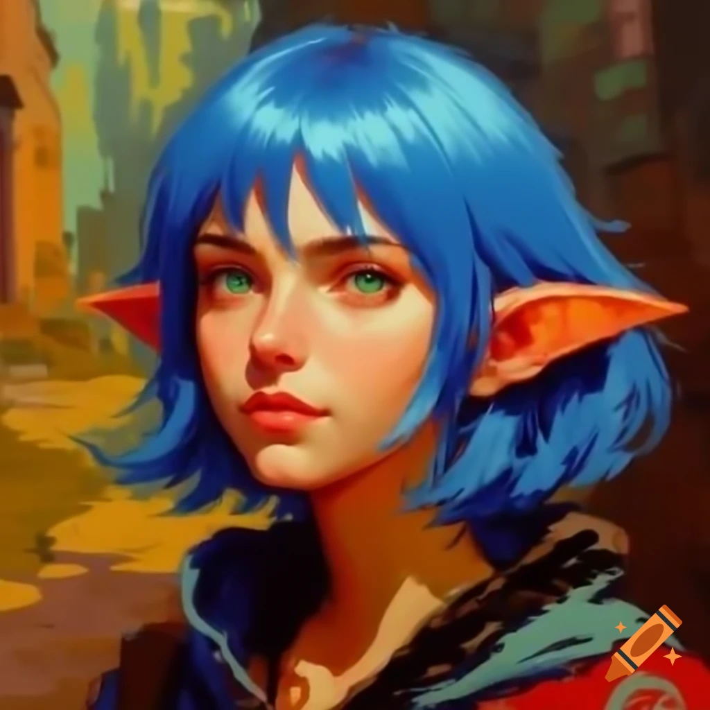 Blue-haired demi-elf portrait in retro impressionist pixelart style