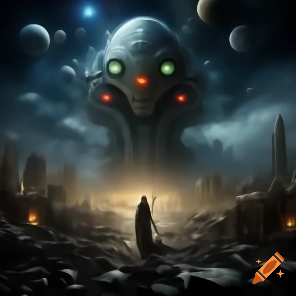 Surreal cosmic dream war aftermath with ruins and aliens