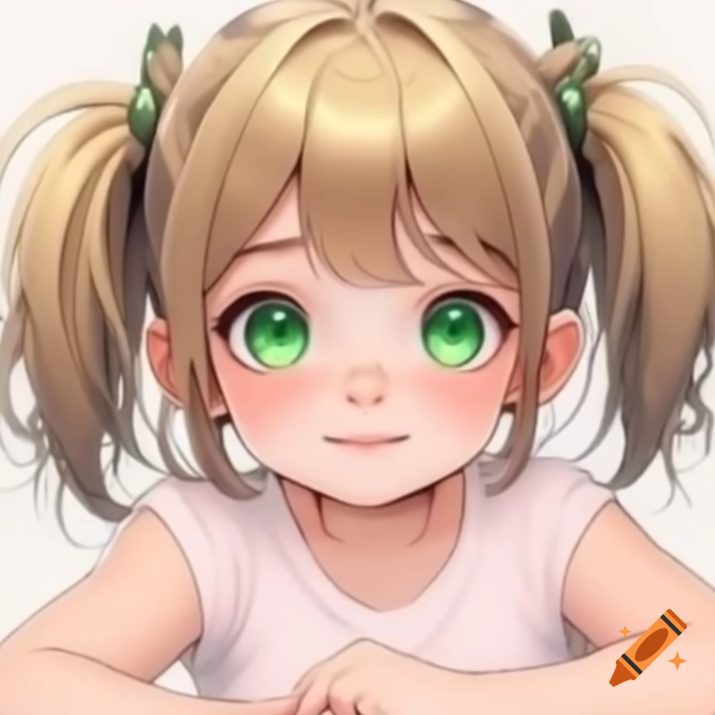 Anime-style girl with blonde hair and dark green eyes, arms crossed