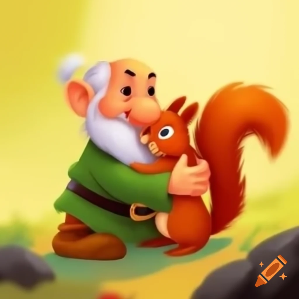 Cartoon dwarf cuddling with red squirrel