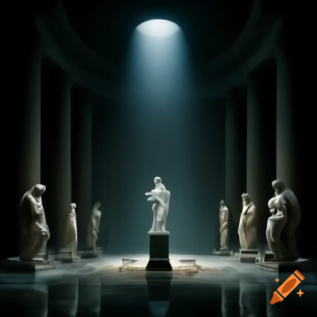 Dramatic arrangement of classical Greek or Roman statues in dark setting with contrasting lighting