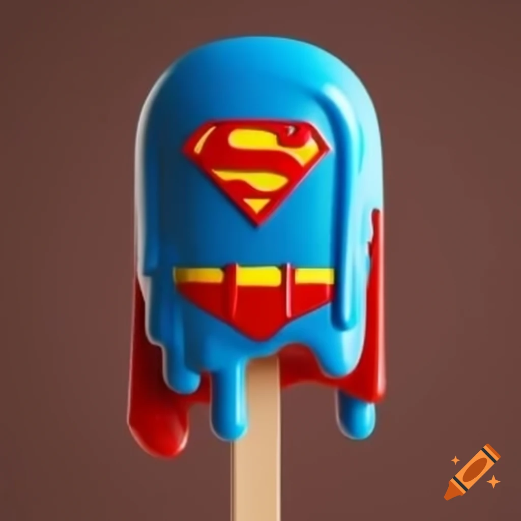 Melting Superman head on popsicle stick with cape, realistic artwork