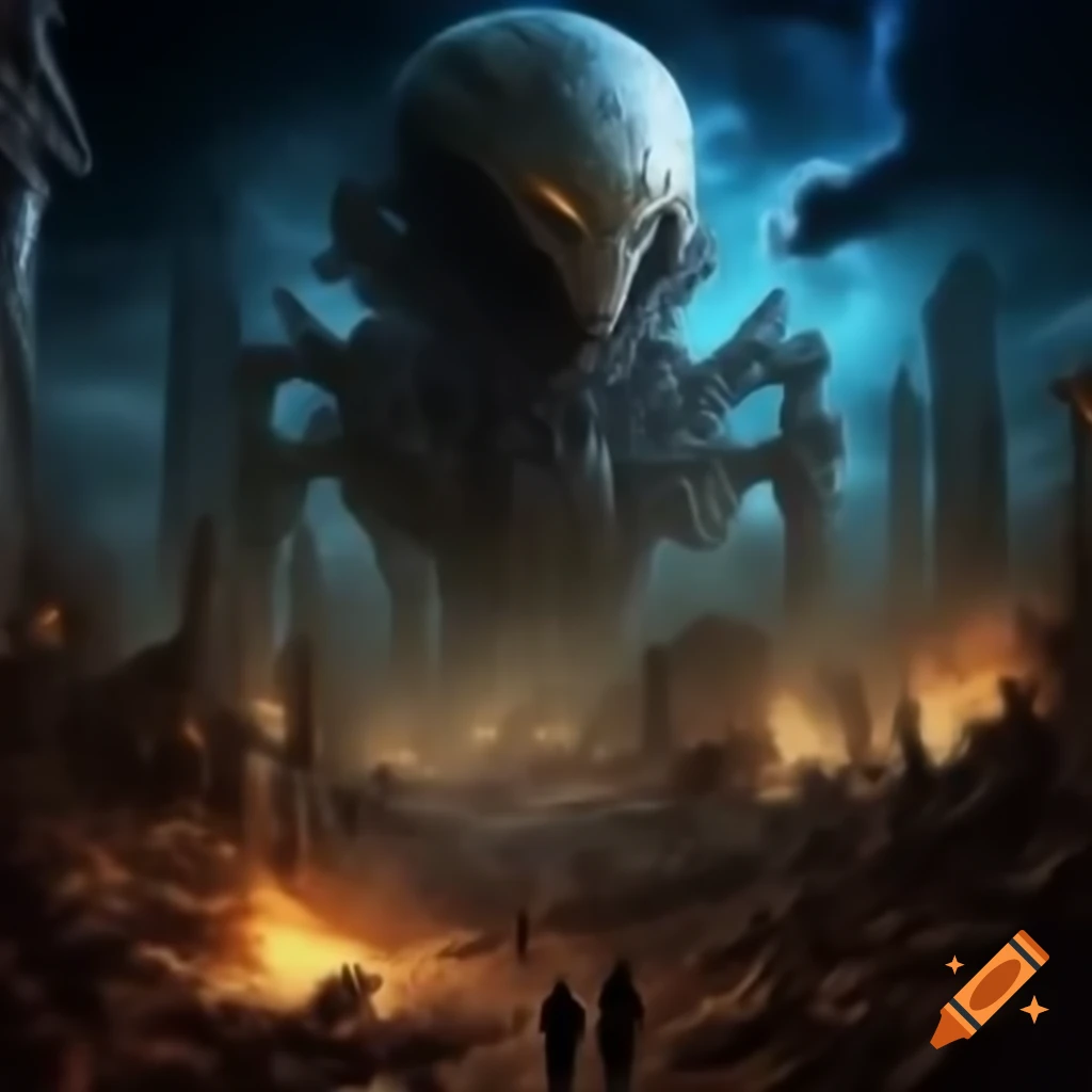 Surreal cosmic dream war aftermath with ruins and aliens
