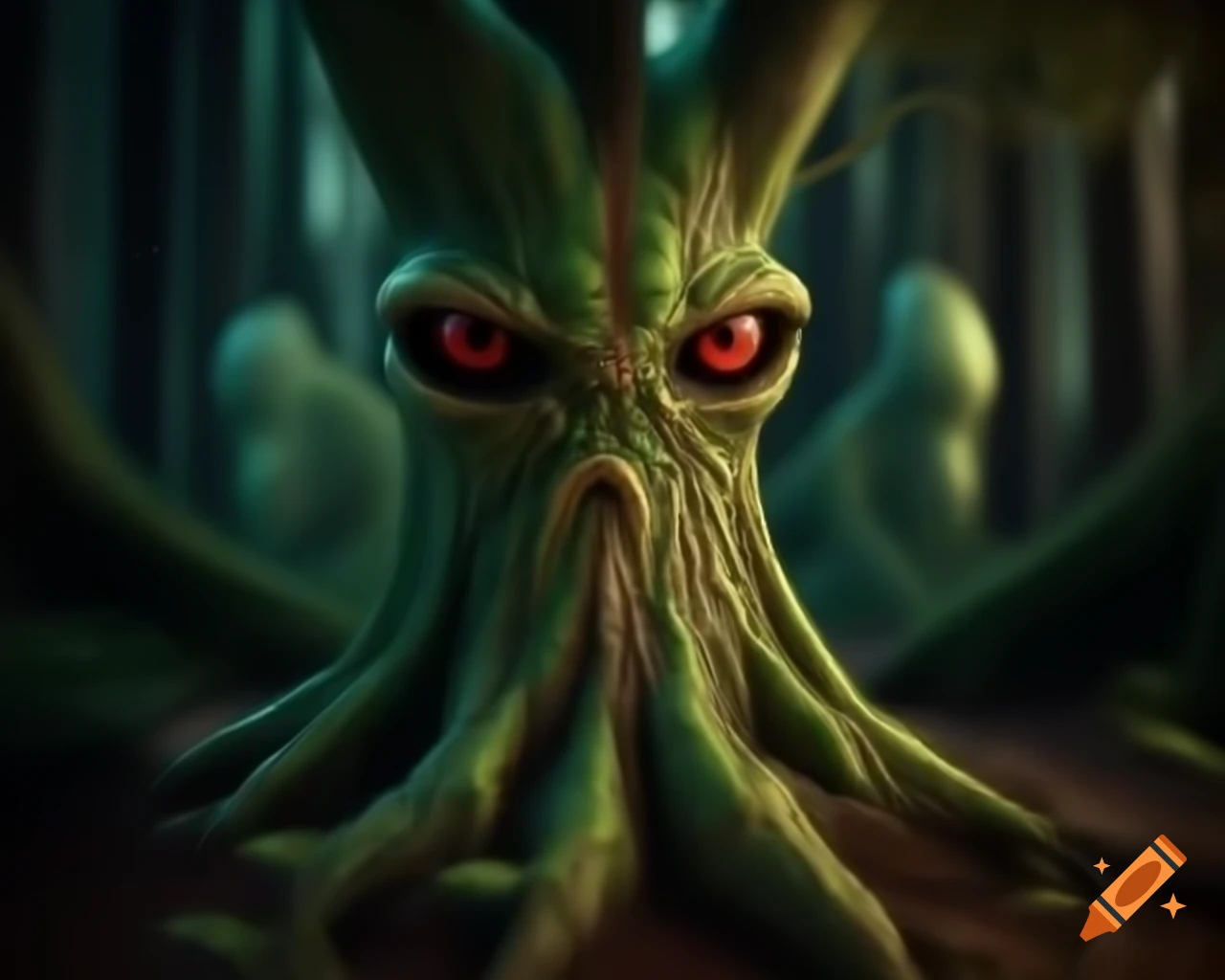 3D CGI anime tree monster with humanoid bark face and trees growing on body