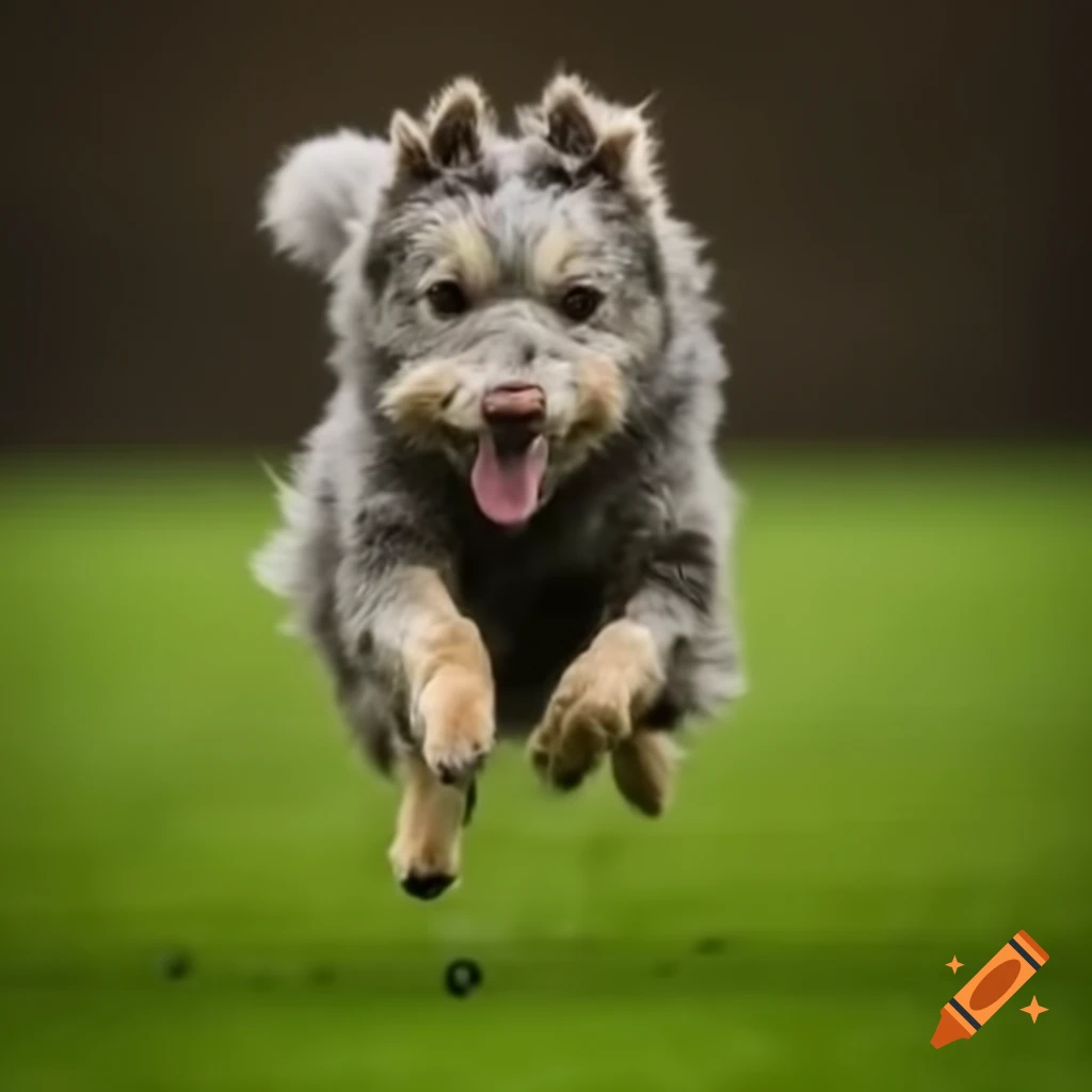 Dog playing rugby on a grassy field