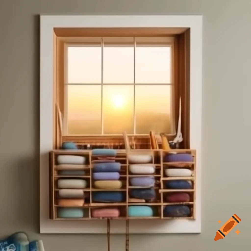 Sunrise view from sewing studio window with thread organizer on wall