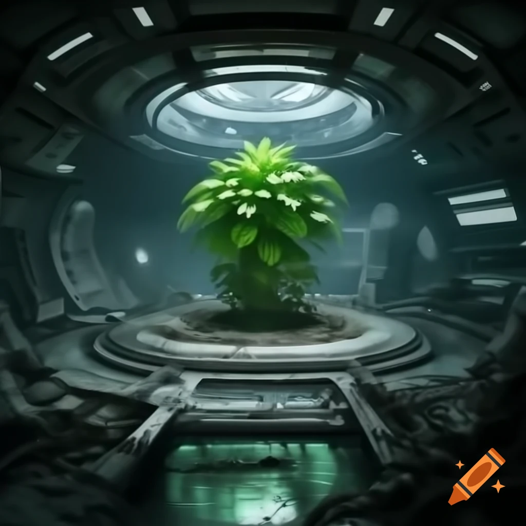Bright green plant in cybernetic glass chamber watched by scientists in futuristic bunker