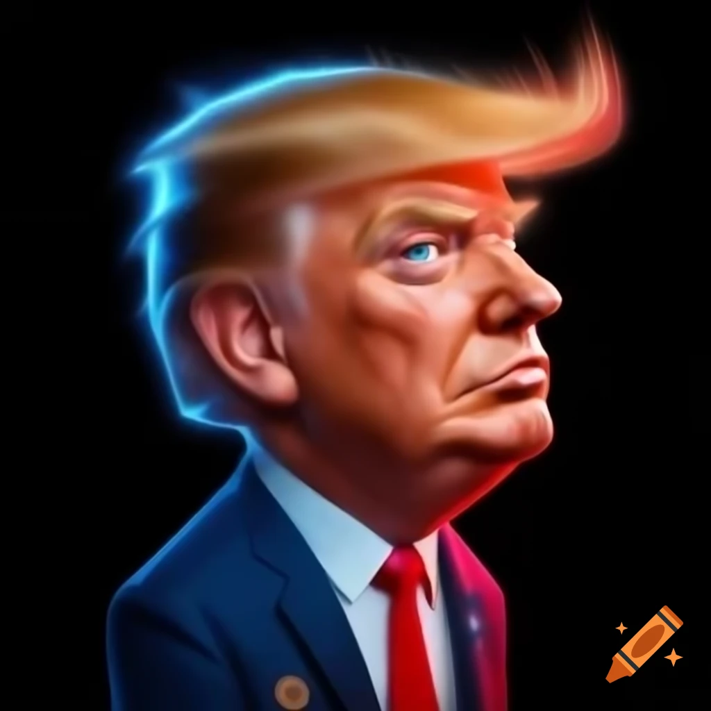 Cartoon-style coin character with exaggerated face resembling Donald Trump, comedic design