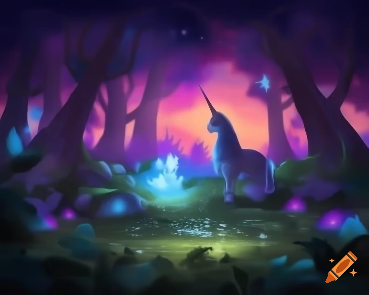 Mystical forest filled with mythical creatures and vibrant trees