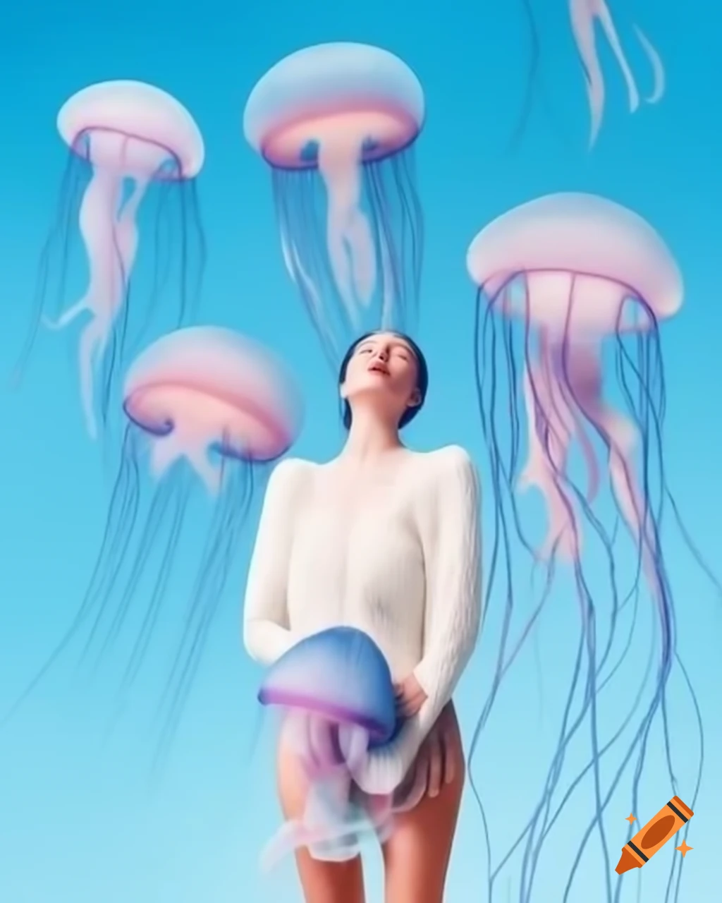 Surreal photography featuring jellyfish and a woman in pastel colors
