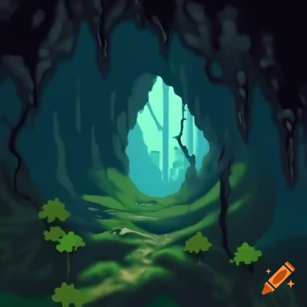 Realistic pixel art of an abandoned underground cave in a forest