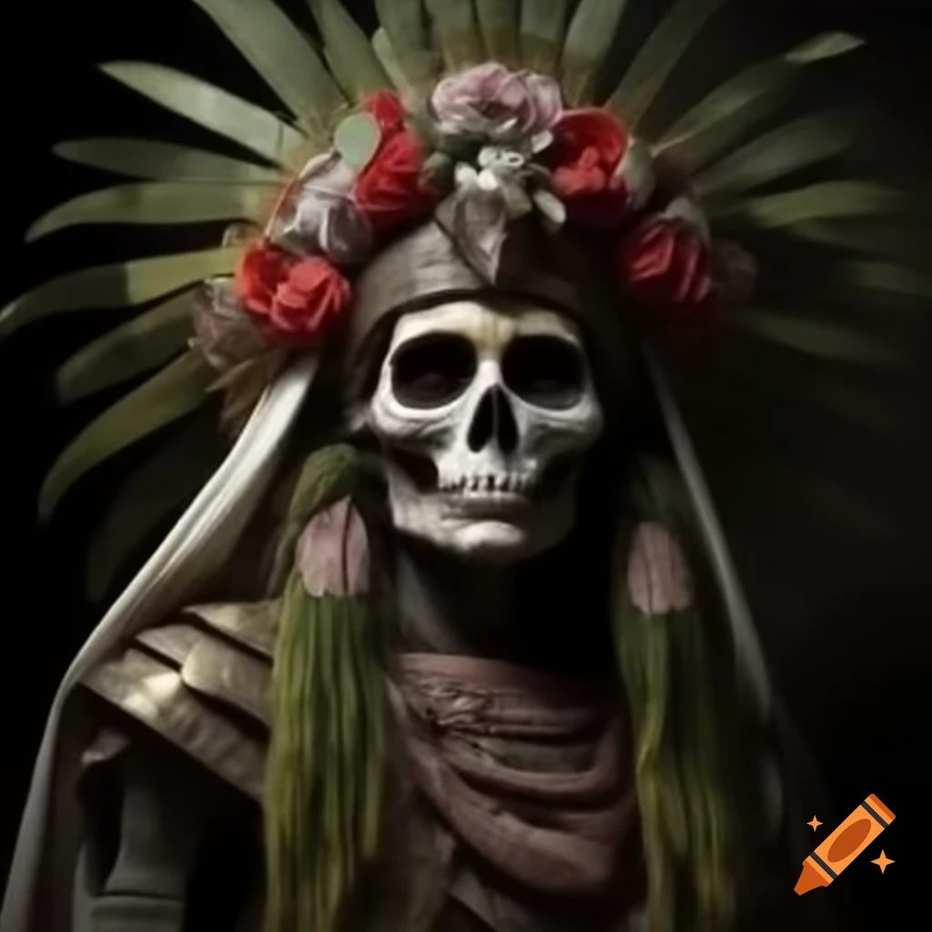 Full-body hyper-realistic Santa Muerte inspired by Aztec and Maya culture with feathered headdress and attire