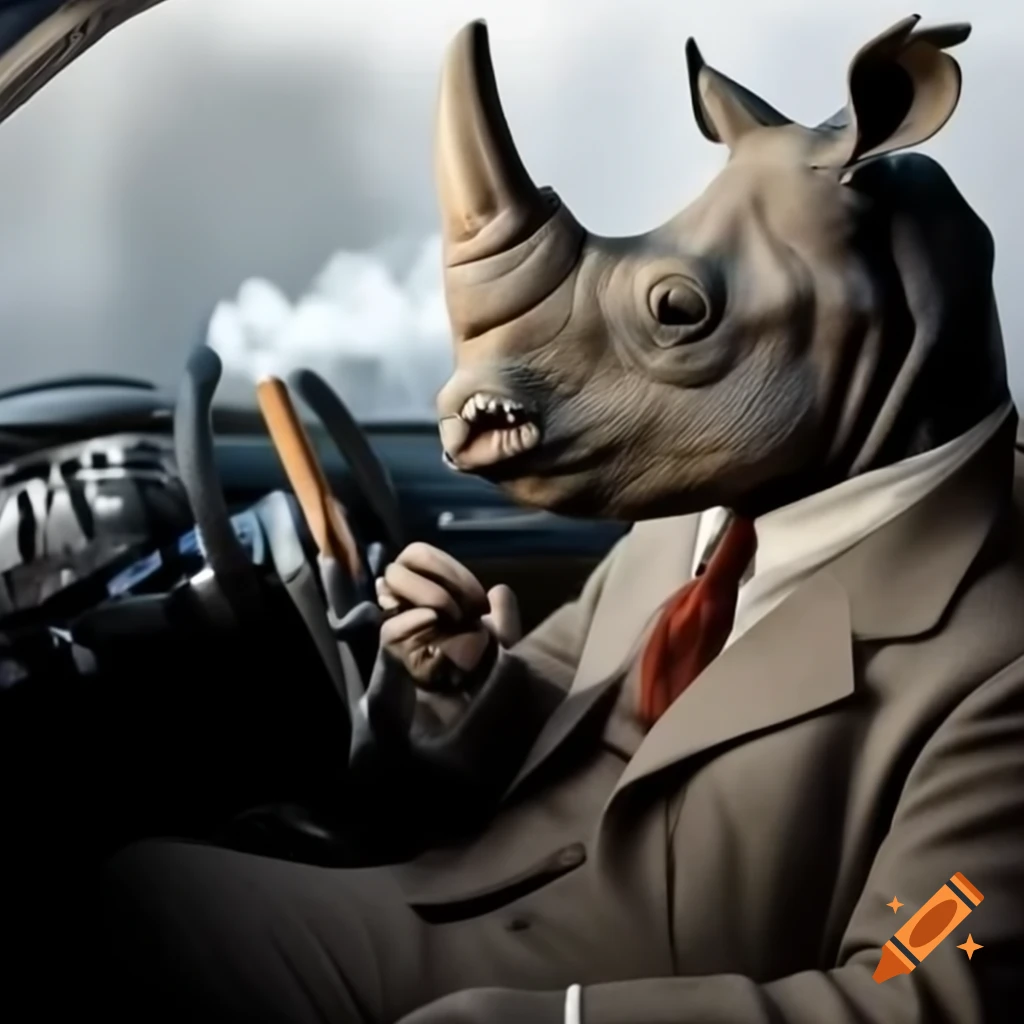 Rhino in a suit smoking a cigar while driving a luxury car