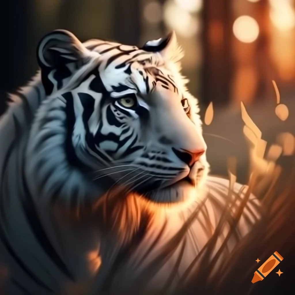 Luxurious white tiger in warm sunlight with detailed features