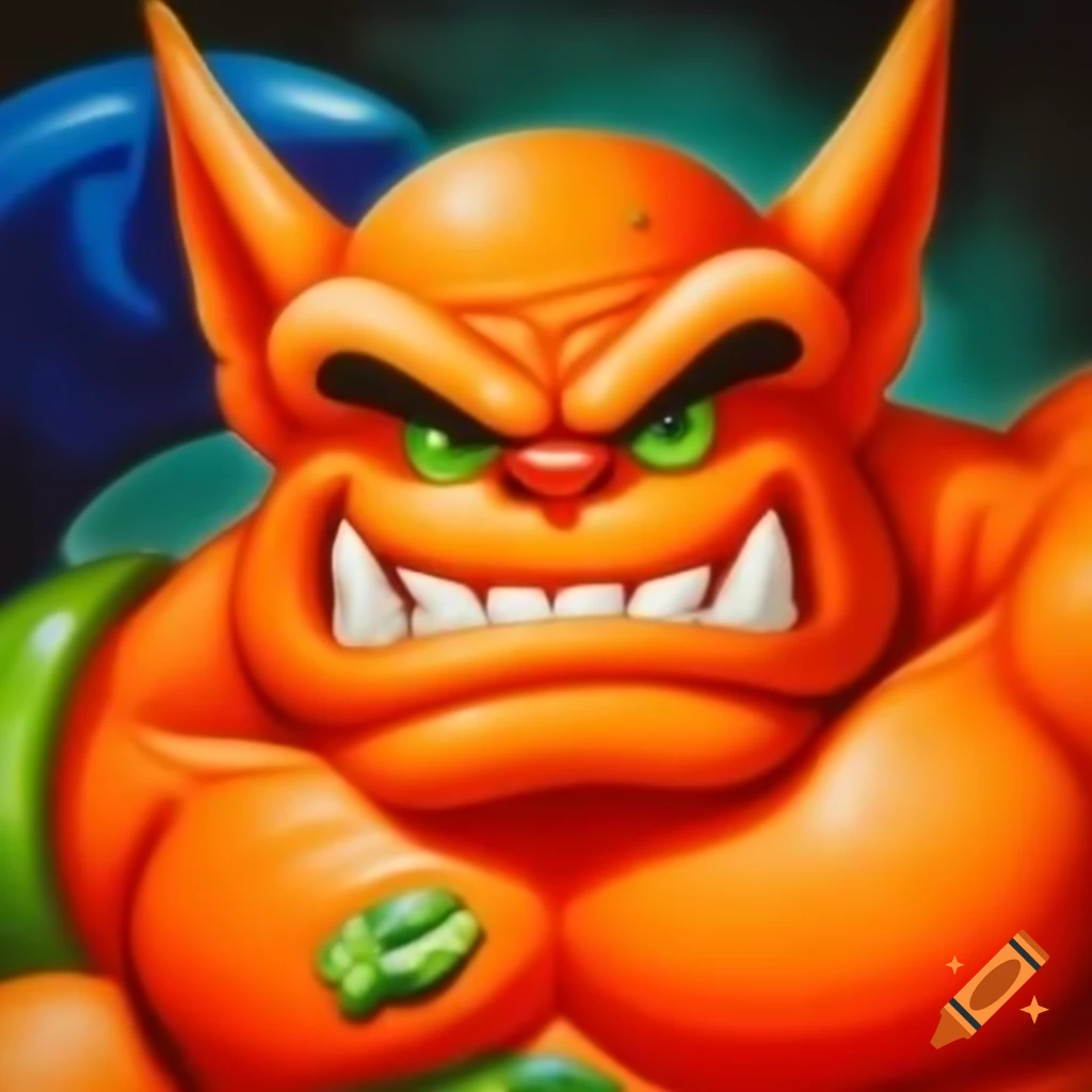 Graffiti art of 1990's Nintendo gargoyle monster in orange, green, and blue
