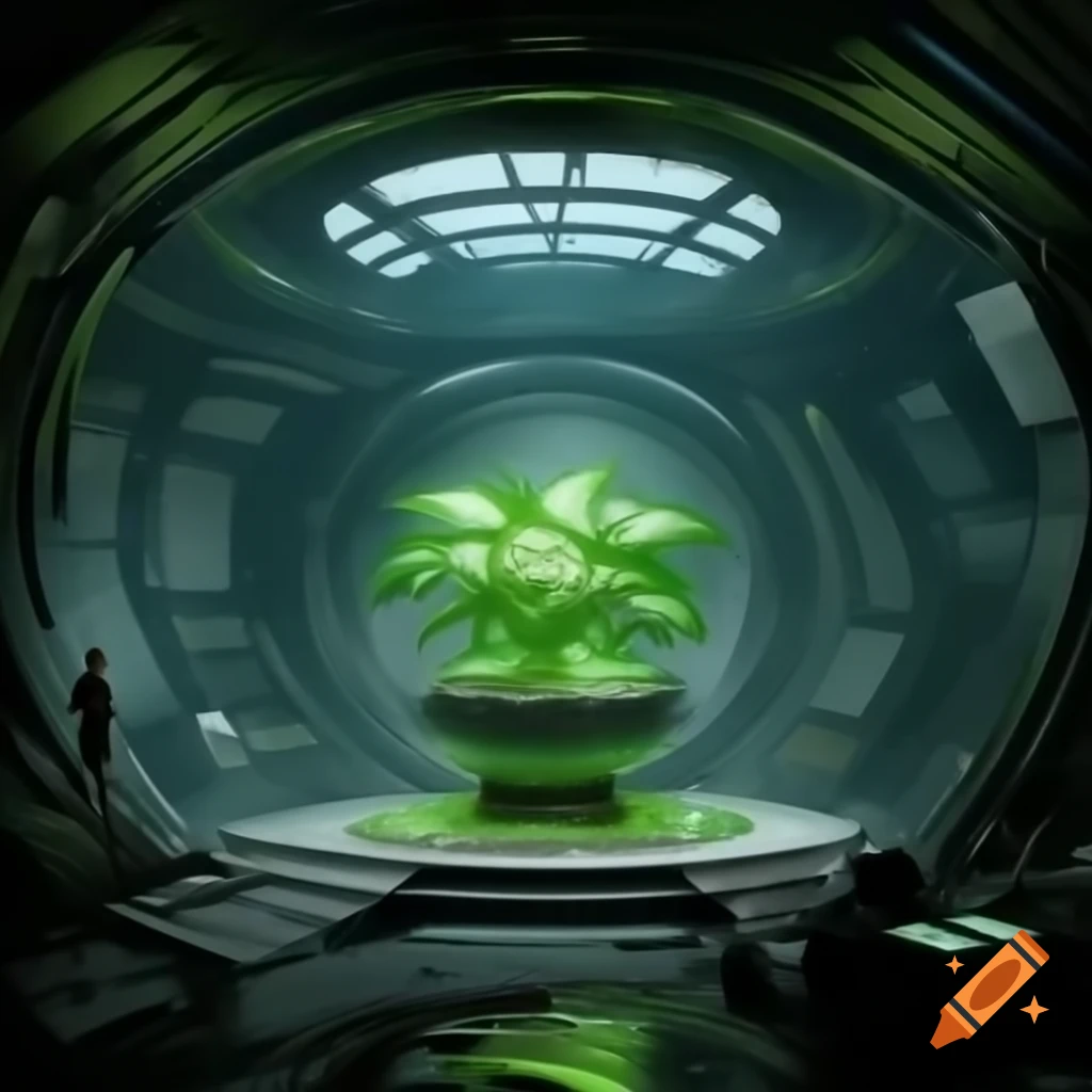 Small green plant in cybernetic glass chamber with scientist in futuristic bunker