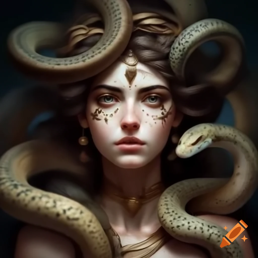 Ancient Greek goddess with snake hair, mythological theme