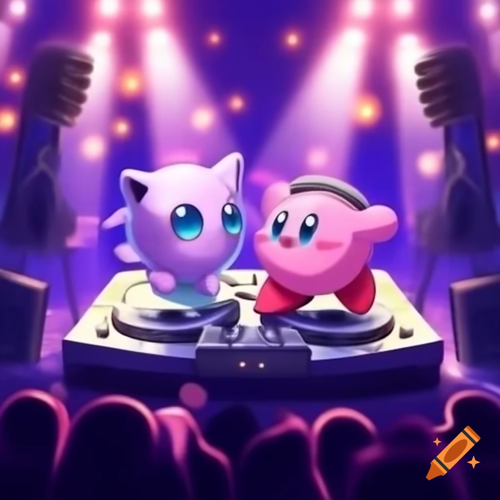 Jigglypuff and Kirby DJing on festival stage