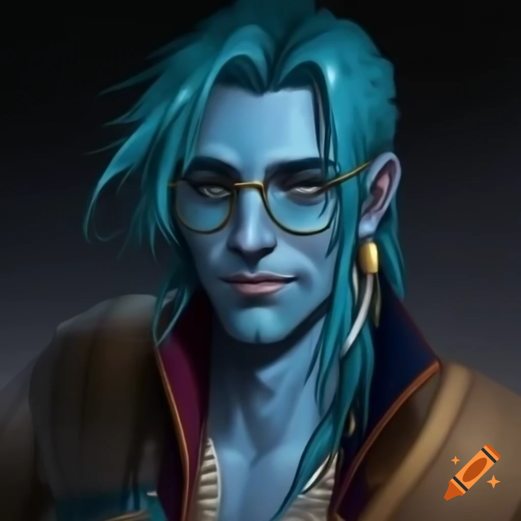 Portrait of male water genasi with blue skin, turquoise hair, and pirate clothing