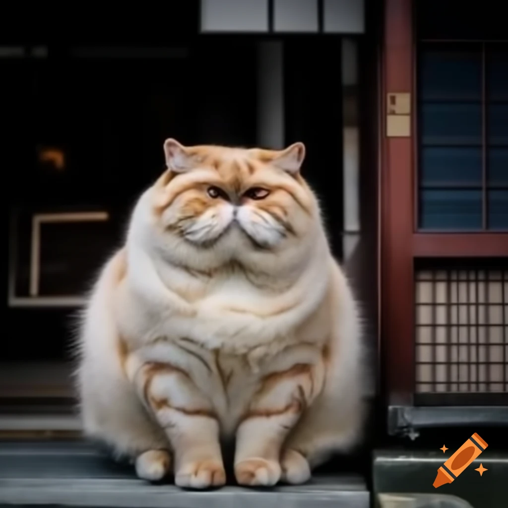 Chubby cat lounging in a Japanese setting