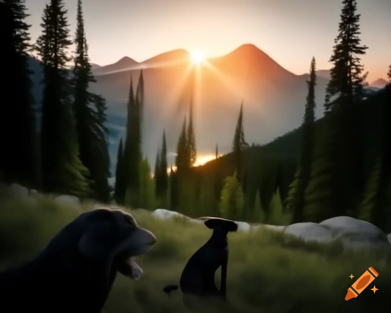 Realistic nature photography of black labrador retriever by lake with mountains and birds