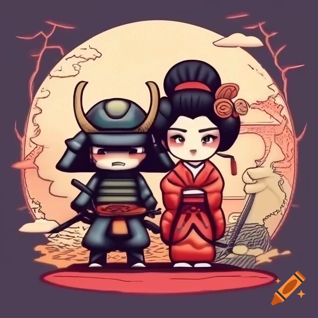 Samurai and geisha in traditional attire