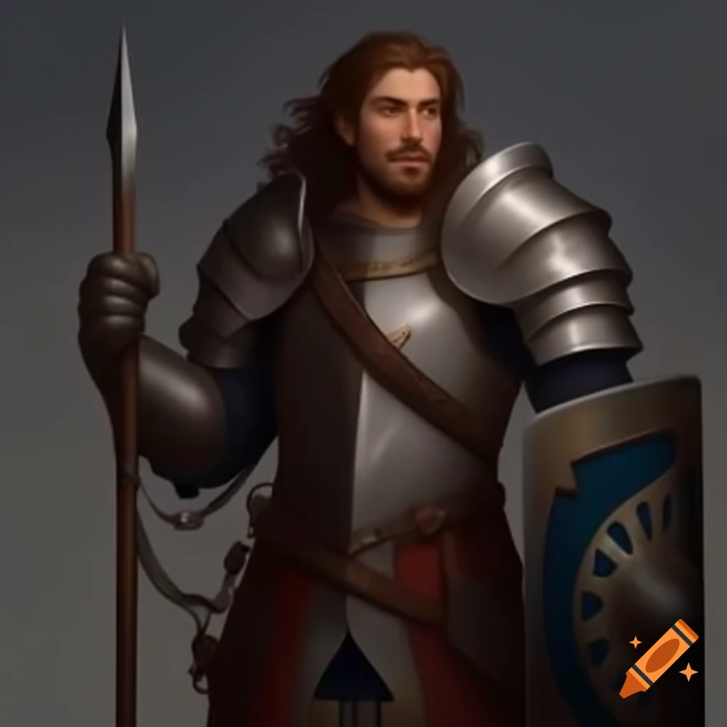 Human paladin in chain mail armor holding shield and spear