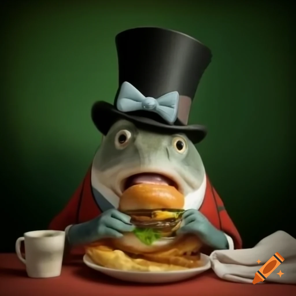 Playful fish in bow tie and top hat enjoying a hamburger