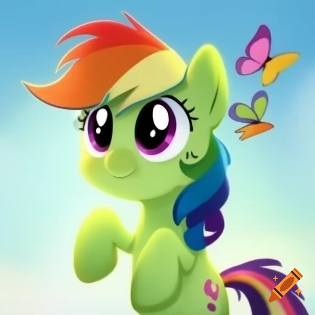 Cute green pony with rainbow hair surprised by butterfly