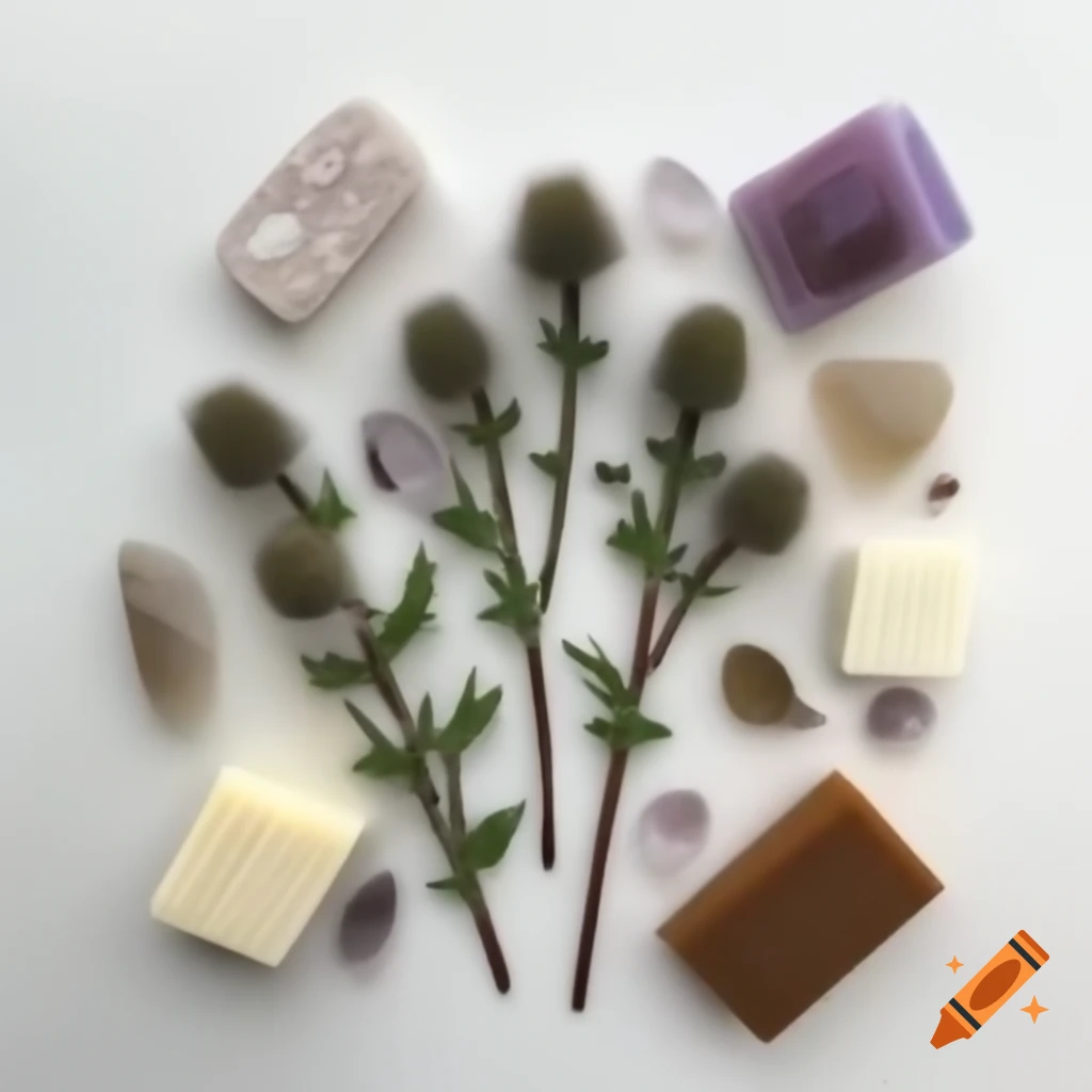 Wild thistle flowers with branches, crystals, and soap elements