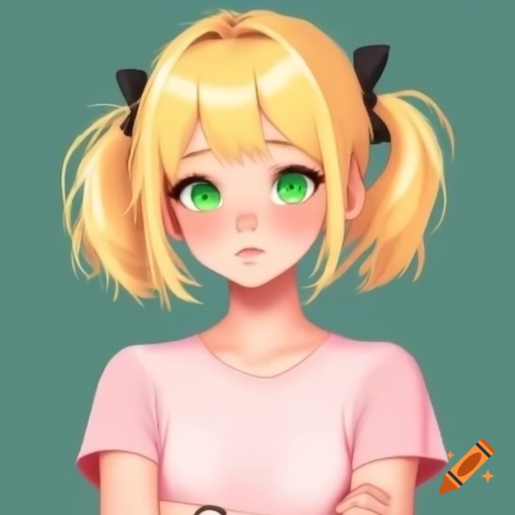 Anime girl with blonde hair and green eyes wearing pink t-shirt and crossed arms
