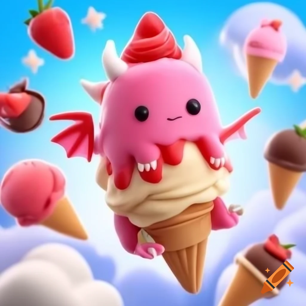 Strawberry dragon dancing in a whimsical sky filled with ice cream and chocolate