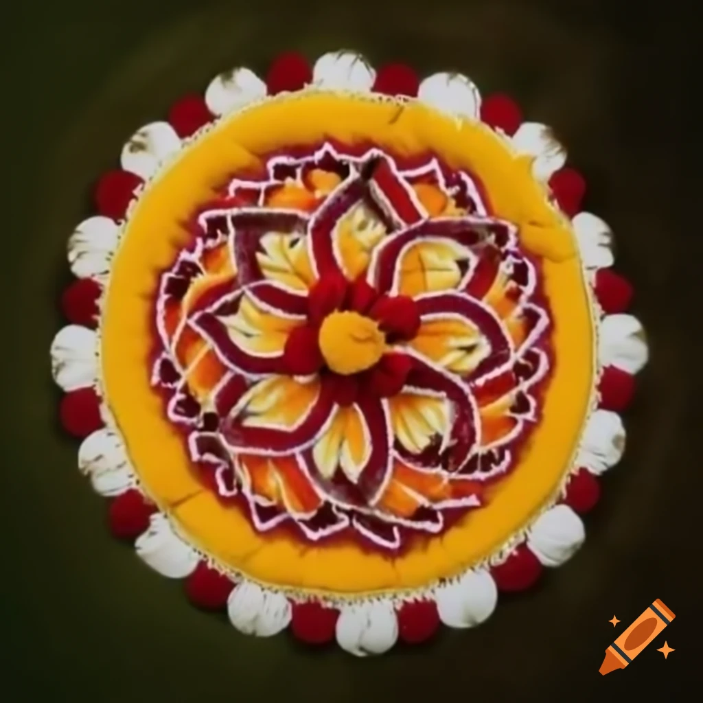 Beautiful Onam pookalam made with flower petals in symmetrical pattern