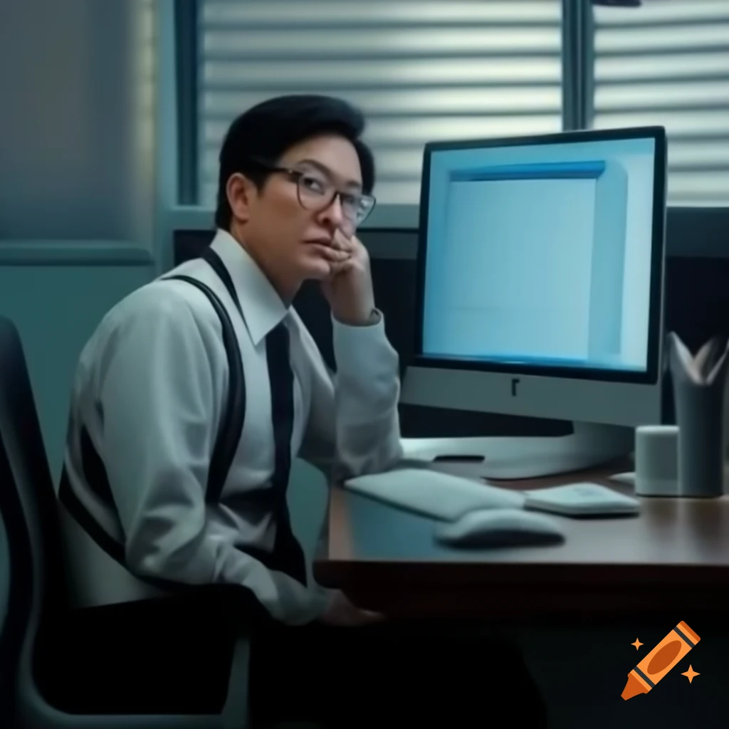 Asian male in office at computer desk, appearing bored with work