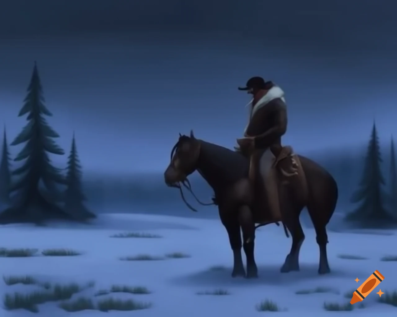 Cowboy riding grey horse in snowy field during snowstorm with christmas