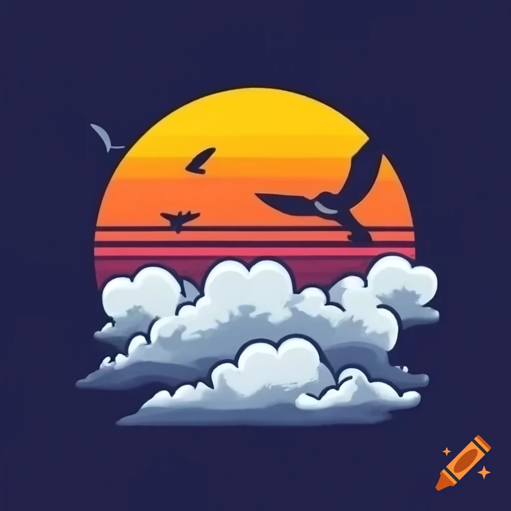 Sunset with birds flying among clouds, logo design